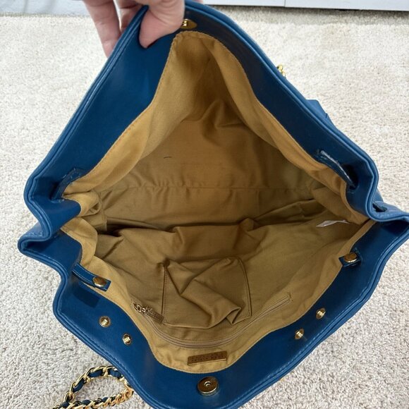 Joan Rivers Slouchy Teal Faux Leather Woven Tote Shoulder Bag Gold Chain Strap L - Picture 13 of 16